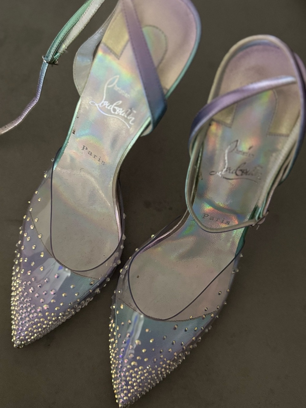 Christian Louboutin Spikaqueen Iridescent Crystal-Embellished Ankle-Strap Pumps - Picture 2 of 9